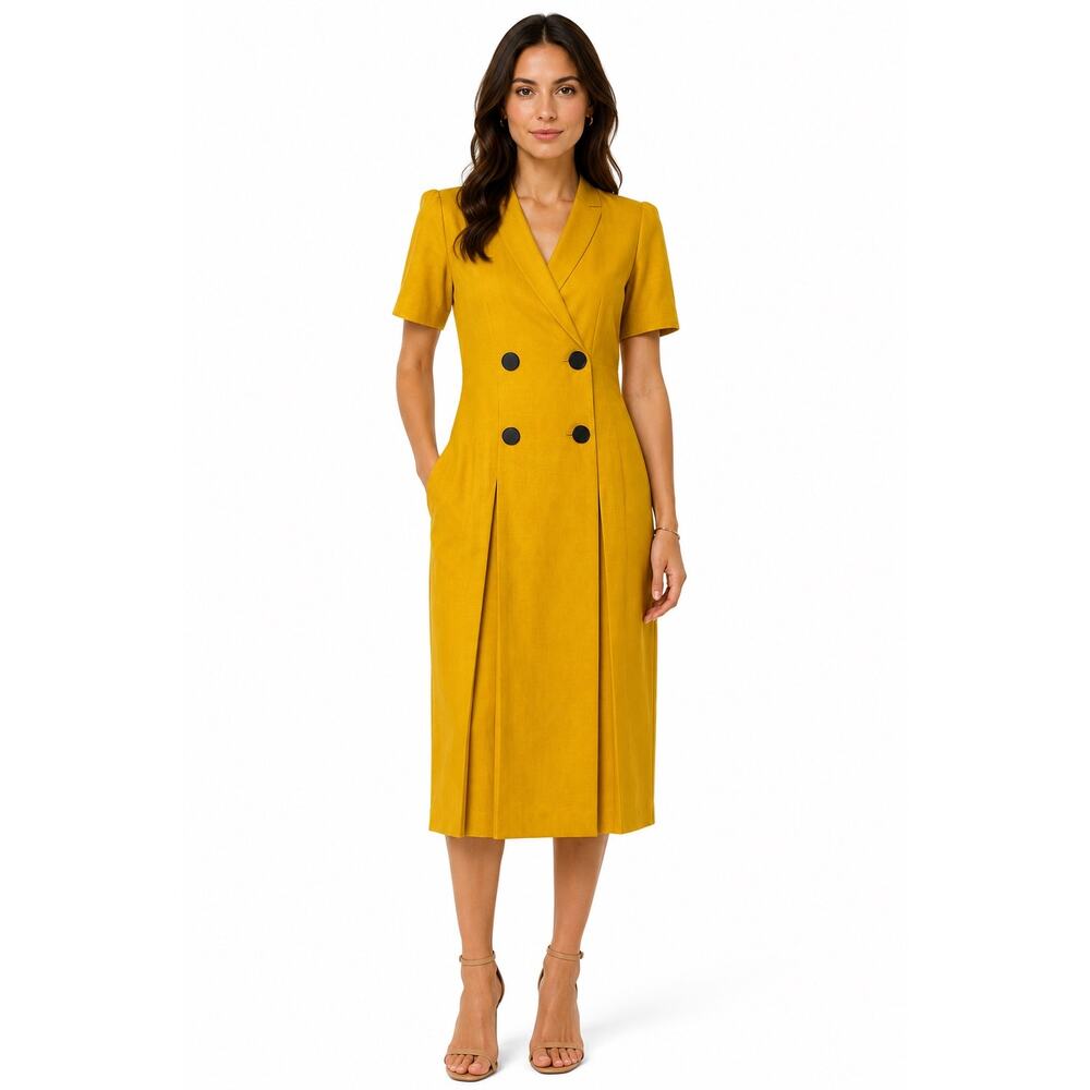 1990s Albert Nipon Mustard Linen Blend Coat Dress Petite Small - Medium
